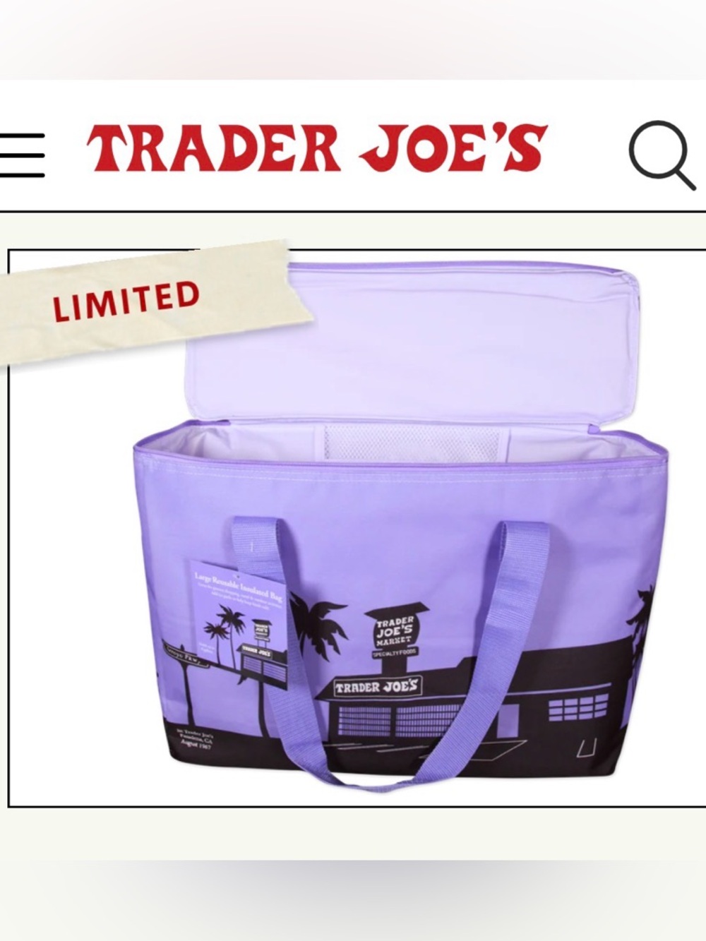 NEW! 2026 Trader Joe's Lavender Reusable Insulated Tote Large Size